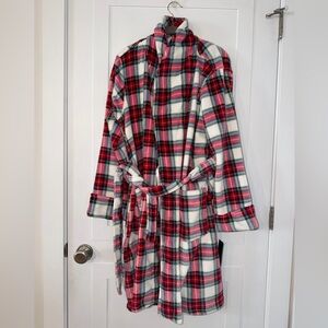 Ralph Lauren Multicolor microfiber, fleece, belted Ivory Plaid bathrobe. NWT
